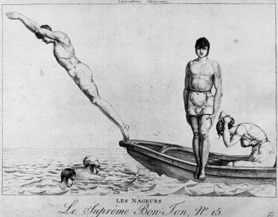 Caricatura parisina: nadadores, hombres saltando de un bote - el supremo Bon-Ton, n°15, Museo Carnavalet de Unknown artist