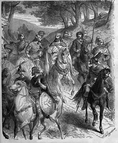 Paso de los Alpes por Carlomagno (747-814), Rey de los Francos. Carlomagno somete a los lombardos. Grabado en 
