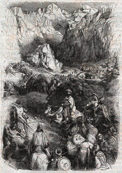 Paso de los Pirineos por los moros - grabado de 1851 de 