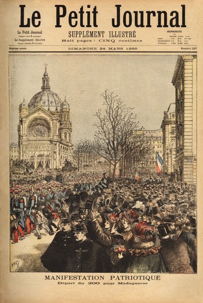 Demostración patriótica en París, para la partida del 200º regimiento hacia Madagascar. Grabado en “Le petit journal” 24/03/1895. Colección Selva de Unknown artist