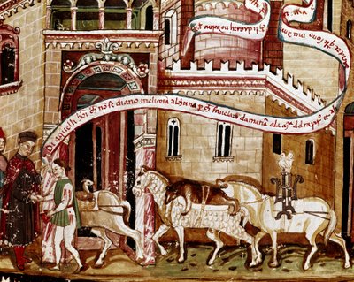 Pago del impuesto de la sal en la entrada de la ciudad (gabela). Miniatura del manuscrito (Ms. H V-5) 