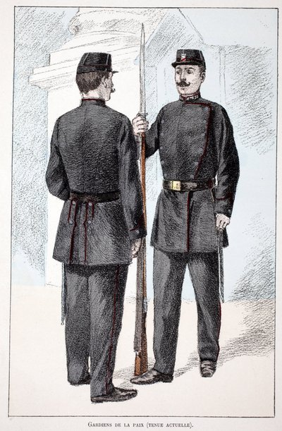 Guardianes de la paz (período de Lepine). Aguafuerte en colores, para ilustración “Historia del cuerpo de los guardianes de la paz” libro publicado bajo los auspicios de Louis Lepine (1846-1933) prefecto de policía de la Sena, por Alfred Rey y Louis Feron de Unknown artist