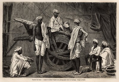 Campesinos de Scind (región de Punjab, India), junto a su maquinaria agrícola. Grabado para ilustrar el viaje a Punjab y Cachemira, historia por Guillaume Lejean, en 1866, publicado en "Le tour du monde, nouveau journal des voyages", bajo la dirección de E de Unknown artist