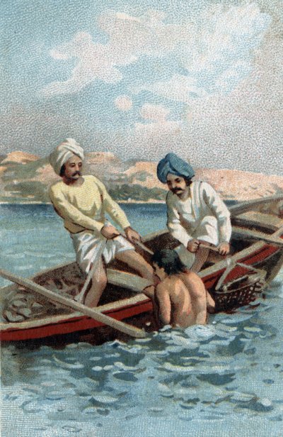Pescadores de ostras perleras en Ceilán. Cromolitografía de finales del siglo XIX de Unknown artist
