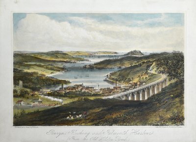 Penryn, Flushing and Falmouth Harbours (from the Old Helton Road), c.1860-80 (litografía coloreada sobre papel) de Unknown artist