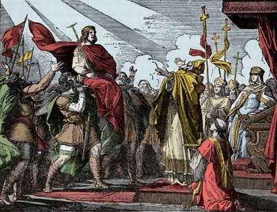 Pepino proclamado Rey de los Francos - Sacro de Pepino el Breve (714-768), Basílica de Saint Denis, 28 de julio de 754: el Papa Esteban II lo consagró Rey de los Francos y Patricio de los Romanos (Patricius Romanorum) de Unknown artist