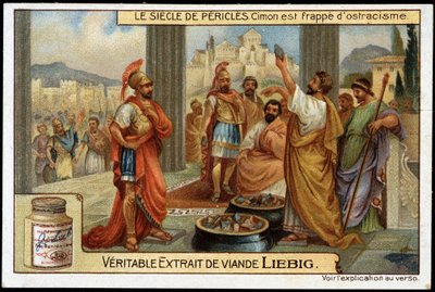 Pericles siglo (495-429 a.C.): el estadista y estratega Cimon (510-449 a.C.) es golpeado con ostracismo, en 461 a.C. - cromolitografía de Liebig de Unknown artist