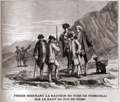 Perier midiendo la altura del barómetro (tubo de mercurio) por Evangelista Torricelli en la cima del Puy-de-Dôme el 20 de septiembre de 1618, grabado del siglo XIX, colección Bianchetti de Unknown artist