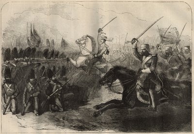 Guerra Anglo-Persa (1856-1857): la carga de la 3ª caballería indo-británica comandada por el Capitán Forbes durante la Batalla de Koosh-Ab el 8 de febrero. de Unknown artist