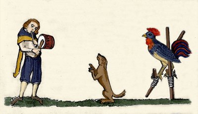 Mascotas entrenadas: un perro y un gallo bailan sobre zancos al ritmo del tambor. Grabado de un manuscrito de 1344 de la biblioteca Bodleyan de Oxford de Unknown artist