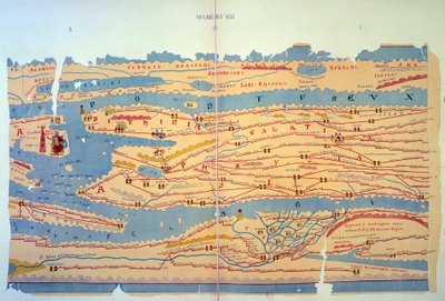 Tabla de Peutinger representando las vías romanas en Egipto y Turquía. Mapa de carreteras del siglo XIII basado en un mapa del Imperio Romano del siglo III. París, BN de Unknown artist