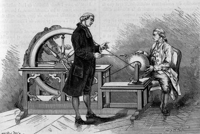 Experiencia de física en el siglo XVIII: resplandor producido por una máquina eléctrica. (De Abbe Nollet). Grabado en "La Nature: revue des sciences et de leurs aplicaciones aux arts et a l
