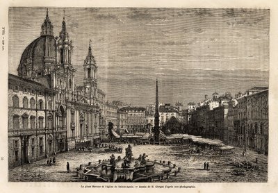 Piazza Navona, construida sobre las ruinas del Estadio de Domiciano del siglo I, es el orgullo de la Roma barroca, con la fuente de los 4 ríos, construida entre 1648-1651, según el diseño de Bernini (1598-1620) y la Iglesia de Santa Inés, construida entre de Unknown artist