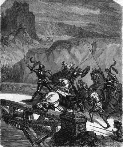 Pierre Terrail, señor de Bayard, defendiendo el Puente de Garigliano (Italia) en 1503. Grabado del siglo XIX. de Unknown artist