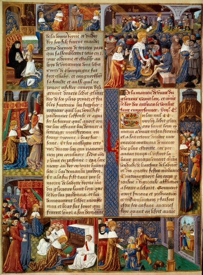 Escena piadosa: El rey Luis IX (1214-1270) (San Luis) lavando los pies de los pobres, el rey rezando y escenas de caridad cristiana del rey. Miniatura de un manuscrito El Libro de los Hechos de Monseñor San Luis. Siglo XV. París, B.N. de Unknown artist