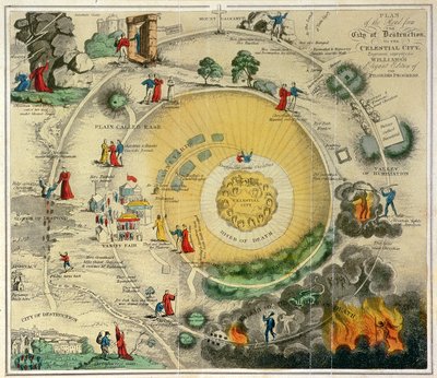 "Plano del camino de la Ciudad de la Destrucción a la Ciudad Celestial, grabado expresamente para la Edición Elegante de Williams de El Progreso del Peregrino". de Unknown artist