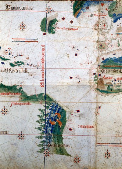 Planisferio de Cantino: Mapa de Alberto Cantino de 1502 que representa la línea divisoria impuesta por el Tratado de Tordesillas (1494) entre América portuguesa y española. Biblioteca Estense. Módena de Unknown artist