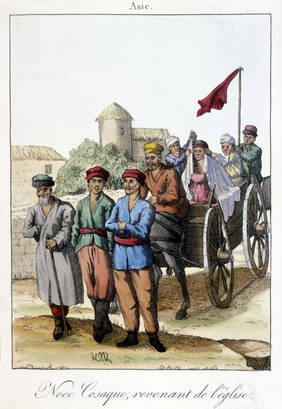 Placa de 1811 que ilustra un grupo de cosacos regresando de la iglesia después de una boda de Unknown artist