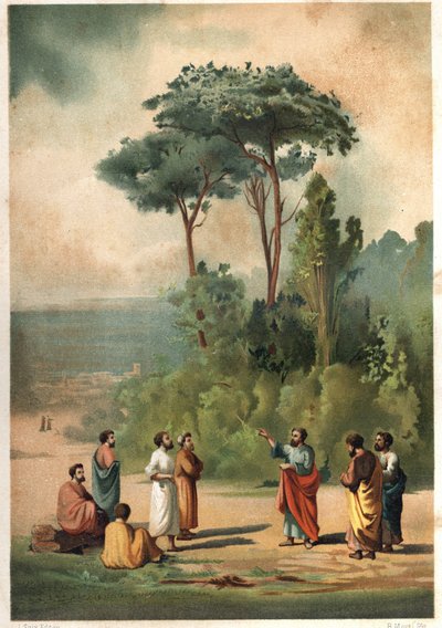 Platón y sus discípulos en los jardines de la Academia. después de Hombres y Mujeres Famosos. Barcelona 1877 de Unknown artist