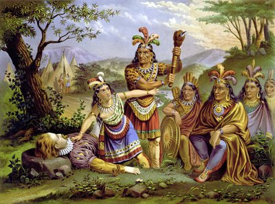 Pocahontas salvó al Capitán John Smith. Cromolitografía alrededor de 1870. de Unknown artist