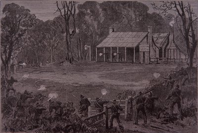 La policía abre fuego contra la banda de Kelly en el Hotel Glenrowan, 28 de junio de 1880 de Unknown artist