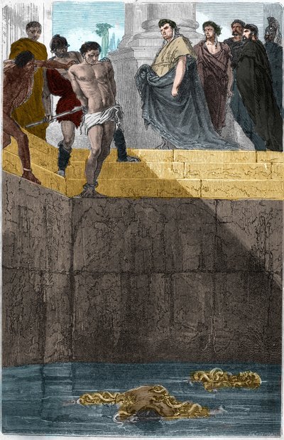Pollion Vedius, gastrónomo romano, famoso por su crueldad hacia sus esclavos. Para atraparlos, los arrojaba vivos a sus morenas. Un día, Augusto (Caius Octavius Thurinus) estaba comiendo en su casa, así que hizo precipitar a un esclavo, culpable de romper  de Unknown artist