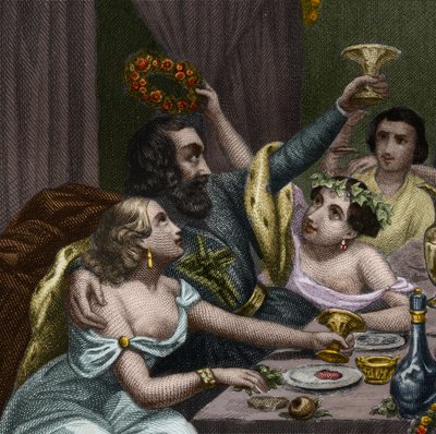 Papa Alejandro VI (1431-1503) (Alessandro, Rodrigo Borgia) Rodrigo Borgia celebra el matrimonio de su hija Lucrecia Borgia con 50 cortesanas en el Vaticano. Grabado de 1842 en “Histoire des popes: crimes, murders, poisonings, parrici de Unknown artist