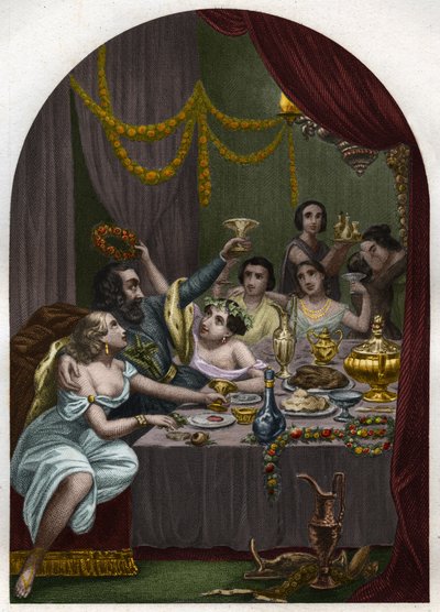 Papa Alejandro VI (1431-1503) (Alessandro, Rodrigo Borgia) Rodrigo Borgia celebra el matrimonio de su hija Lucrecia Borgia (Lucrezia) con 50 cortesanas en el Vaticano. Grabado de 1842 en “Histoire des popes: crimes, murders, poisonings, parricides”. de Unknown artist