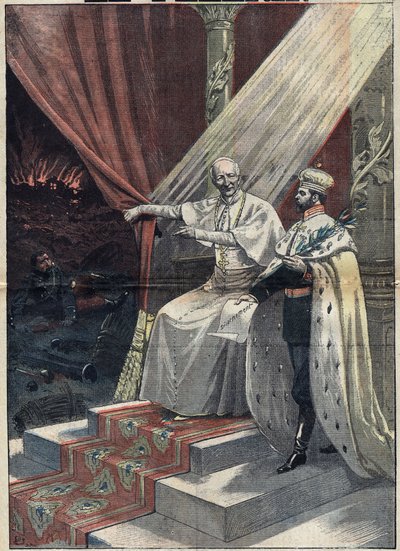 El Papa León XIII (1810-1903) mostrando al zar ruso Nicolás II (1868-1918) los horrores de la guerra. Este último propone entonces el desarme. Ilustración en “Le Pelerin” del 11 de septiembre de Unknown artist