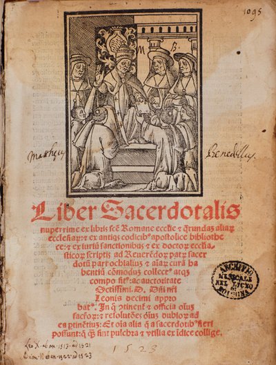 El Papa León X recibe el libro Frontispicio del libro litúrgico “Liber Sacerdotalis” de Castellini de Unknown artist
