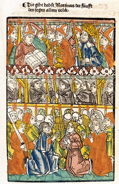 El Papa Martín V (1368 - 1431) elegido en el Concilio de Constanza (1417) poniendo fin al gran cisma de Occidente realiza la bendición. "Das concilium" de Unknown artist