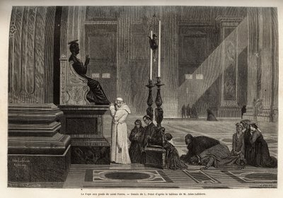 El Papa Pío IX (pio 9) (1792-1878) recogido al pie de la estatua de San Pedro, en la entrada de la Basílica, en el Vaticano. Grabado para ilustrar la historia de Roma, por Francis Wey, en 1864-1868, publicado en “le tour du monde”, editado por D