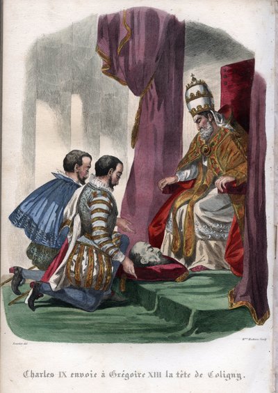 El Papa Gregorio XIII (1502-1585) recibe la cabeza de Gaspard de Coligny (1519-1572), asesinado en la masacre del Día de San Bartolomé en 1572, como regalo del Rey Carlos IX de Francia (1550-1574). de Unknown artist