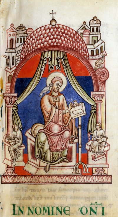 Papa San Gregorio I el Grande (540-604) rodeado por dos secretarios. Es representado escribiendo con una paloma en el hombro, símbolo del Espíritu Santo. Miniatura de las cartas de San Gregorio de Unknown artist