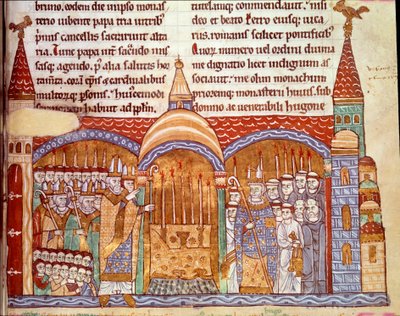 El Papa Urbano II (1042-1099) frente al altar de la Abadía de Cluny. Confirmó a la abadía de Cluny en sus privilegios y posesiones y confesó al abad Hughes el uso de ornamentos episcopales en 1088. Miniatura de las Crónicas de Cluny de Unknown artist