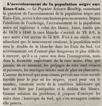 El crecimiento de la población en los Estados Unidos: comentario racista en el libro según un artículo en Popular Science Monthly. Preocupado por el aumento de la población negra estadounidense y la alta tasa de natalidad y desea remediarlo expulsándolos.. de Unknown artist