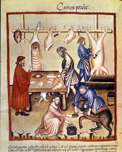 Producción de cerdo. El cerdo es sacrificado y los carniceros cortan las piezas. Iluminación del 