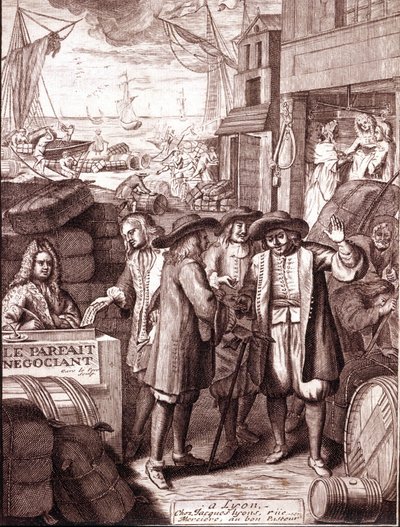 Comerciantes del puerto hablando entre ellos. Grabado del siglo XIX. de Unknown artist