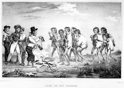 Puerto de King George, Nueva Holanda: Un nativo muestra a sus compañeros los regalos que recibió en el borde del Australabe de Unknown artist