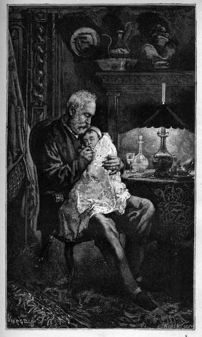 Retrato de Victor Hugo, sentado con su nieta Jeanne - grabado de "El Año Terrible" por Victor Hugo - 1874 de Unknown artist