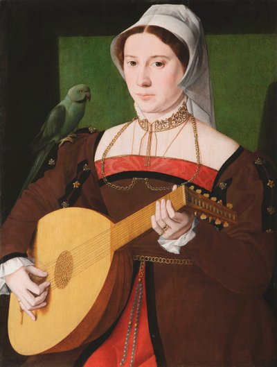 Retrato de una mujer tocando el laúd, con un loro en su hombro de Unknown artist