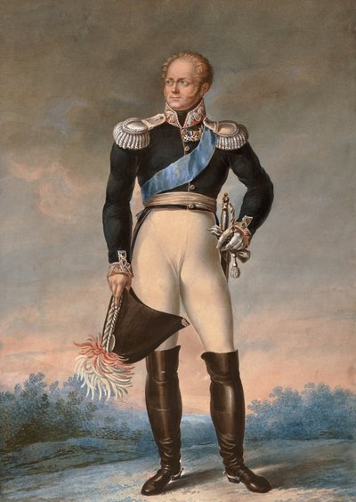 Retrato de Alejandro I de Rusia, c. 1819 - Acuarela - Retrato de pie de Alejandro I, Zar de Rusia (1777-1825) - Acuarela anónima de Unknown artist