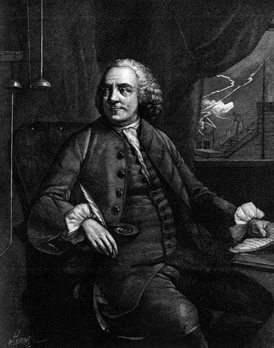 Retrato de Benjamin Franklin (1706-1790), filósofo, físico y embajador estadounidense. (De un grabado antiguo). Grabado en “La Nature: revue des sciences et de leurs aplicaciones aux arts et a l