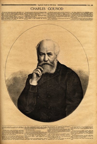 Retrato de Charles Gounod (1818-1893), compositor francés, famoso por sus óperas (Fausto en 1859, Romeo y Julieta en 1867), también compuso sinfonías y numerosas melodías para los poemas de Alfred de Musset (1810-1857) y Victor Hugo (1802-1885). Grabado de Unknown artist