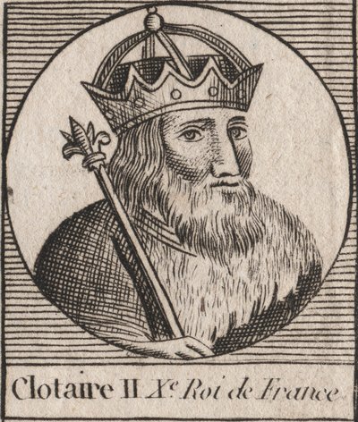Retrato de Clotario II (584 - 628), Rey de Neustria y Rey de los Francos - Clotario II (d.629) Rey de los Francos - grabado de "Instrucción sobre la Historia de Francia" por Charles Constant Le Tellier 1821 de Unknown artist