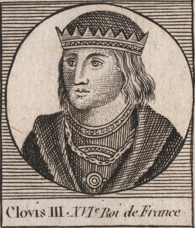 Retrato de Clodoveo III, Rey de los Francos de 691 a 695 - CLOVIS III rey merovingio de Neustria y Austrasia - grabado de "Instrucción sobre la Historia de Francia" por Charles Constant Le Tellier 1821 de Unknown artist