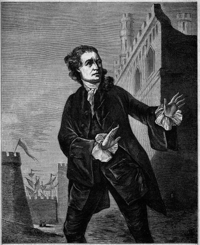 Retrato de David Garrick (1717-1779), comediante inglés, como Hamlet de Shakespeare. Grabado por Wilson en 