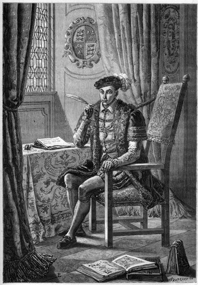 Retrato de Eduardo VI (1537-53) - Retrato del Rey Eduardo VI de Inglaterra e Irlanda (1537-1553) escribiendo su diario - grabado en “L
