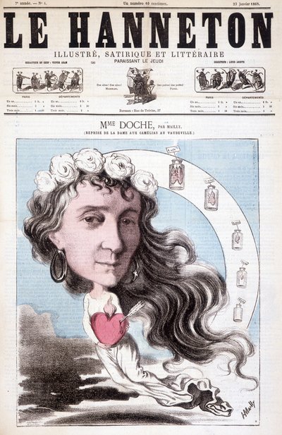 Retrato de Eugénie Doche actuando en una portada en el teatro Vaudeville de “La Dame aux camélias”, escrita por Alexandre Dumas (hijo) en 1852. En Le Hanneton, 23 de enero de Unknown artist