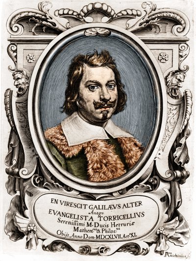 Retrato de Evangelista Torricelli o Toricelli (1608 - 1647), físico italiano. Grabado del siglo XVII de Unknown artist